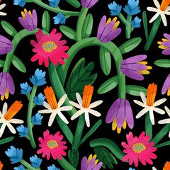 Various colorful flowers, leaves. Hand drawn floral illustration. Square seamless Pattern. Repeating design element for printing. Template for fabrics, summer textiles, wallpaper, clothes - 774086787