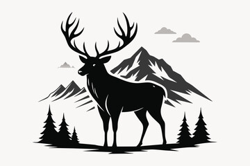 Solid black outline elk, vintage head line art concept with mountains