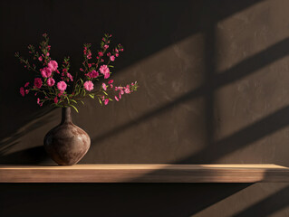 flowers in a vase on wooden with dark brown background