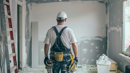 Worker trowels putty on drywall with finishing putty