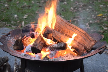 Bright orange flame of burning wood in an outdoor fire pit.