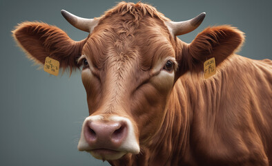 brown cow on single color background, close view, hyper detailed