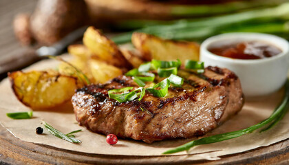 Juicy grilled meat steak with fried potatoes and green onions. Delicious dish. Tasty restaurant food