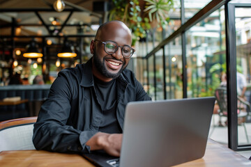 Happy man working online at a modern cafe with laptop