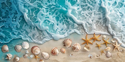 Beauty of the sea during summer, shades of blue to capture the ocean's depth and movement, with touches of beige to represent sandy shores created with Generative AI Technology - obrazy, fototapety, plakaty