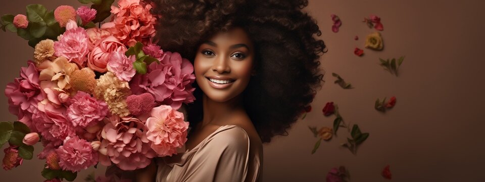 Radiant African woman gracefully holding a bouquet of flowers, with copyspace surrounding her, awaiting your creative touch.