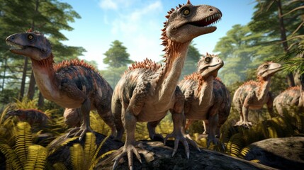 A group of dinosaurs are standing on a rock in a forest - obrazy, fototapety, plakaty