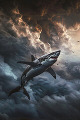 A flying great white sharky passing through dark clouds - obrazy, fototapety, plakaty