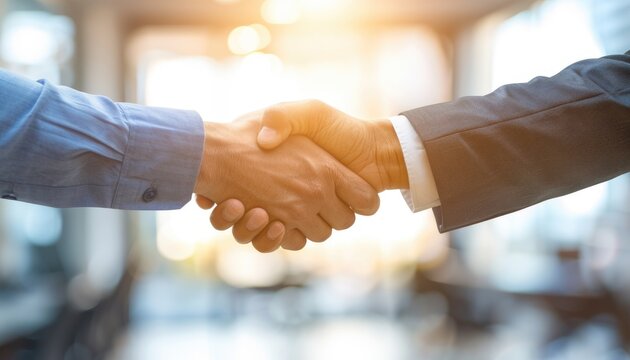 Two men shake hands in a business meeting by AI generated image