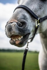 Closeup of a funny smiling horse grazing in the field