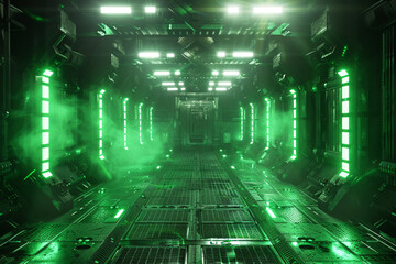 Futuristic Sci-Fi Corridor with Green Neon Lights - obrazy, fototapety, plakaty