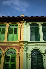 Fototapeta premium Low-rise buildings with green shutters and arch-shaped windows