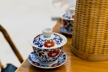 Closeup of a typical china teacup with closed lid
