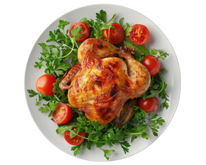 roasted chiken on the plate isolated on transparent background
