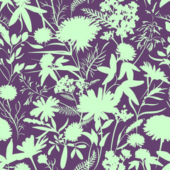 Fototapeta premium Seamless pattern with flowers - Taraxacum, Clover, Achillea Millefolium and grass isolated on the purple background. Hand-drawn illustrations of wildflowers. 