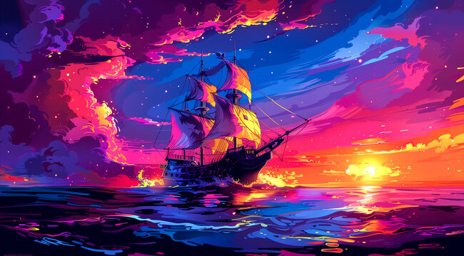A vibrant digital art of a sailing ship on colorful, wavy seas under a dramatic sunset sky