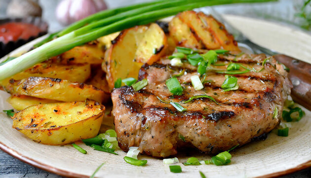 Juicy grilled meat steak with fried potatoes and green onions. Delicious dish. Tasty restaurant food