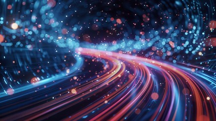 Digital illustration of a tunnel-like vortex with light streaks and particles, symbolizing speed or traveling through cyberspace.