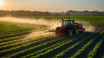  A scene depicting early morning farming activity where a tractor is spraying pesticides over a lush crop field, with the sunrise in the backdrop. - obrazy, fototapety, plakaty