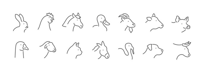 Icons with farm animals. Editable stroke