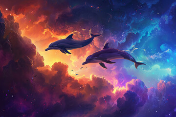 Flying dolphins surrounded by colorful clouds - obrazy, fototapety, plakaty