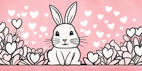 Cute white bunny rabbit radiating lots of heartfelt love, minimal pink backdrop outline drawing of endearment and affection.  