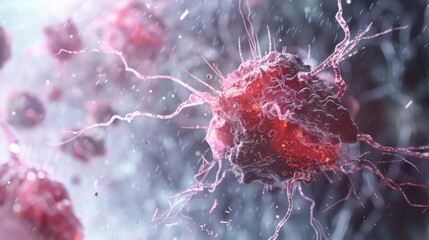 3D illustration of a cancer cell in a dynamic environment, representing concepts of oncology and medical research. - obrazy, fototapety, plakaty