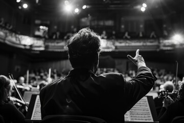 A conductor directs an orchestra in a concert hall, using expressive gestures to lead the musicians in a classical music rehearsal - obrazy, fototapety, plakaty
