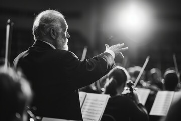A black and white image capturing a conductor directing a classical music orchestra with expressive gestures during a rehearsal
