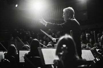 A conductor in a black and white setting, directing the musicians during a classical music orchestra rehearsal with expressive gestures