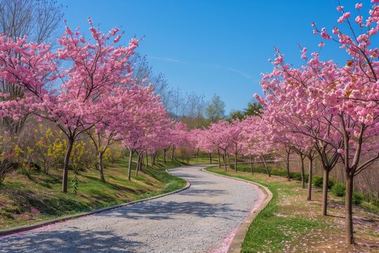 A tree lined road with pink flowers blossoming on the trees