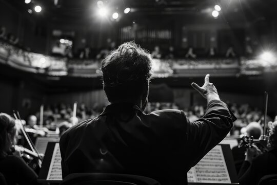 A conductor directs an orchestra in a concert hall, using expressive gestures to lead the musicians in a classical music rehearsal