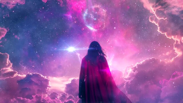superhero woman stand on space galaxy video looping background 4k