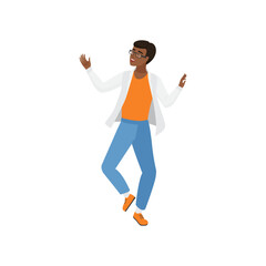 Excited student character dancing pose. Cheerful student boy flat vector illustration