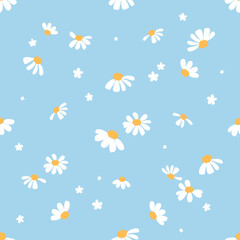 Seamless pattern with daisy flower on blue background vector. Cute floral print.