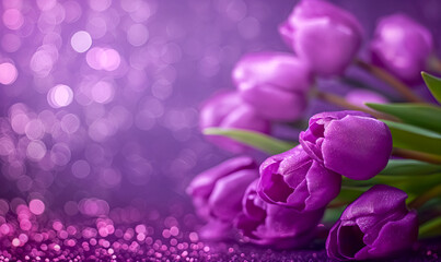 Fototapeta premium Fresh spring tulip flowers as a holiday postcard design blurred background. Space for text