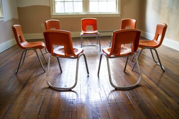 A group of orange chairs arranged on a hardwood floor, suggesting a support group meeting or gathering