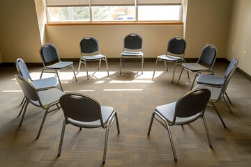 A circle of chairs set up in a room with a window, possibly for a support group meeting
