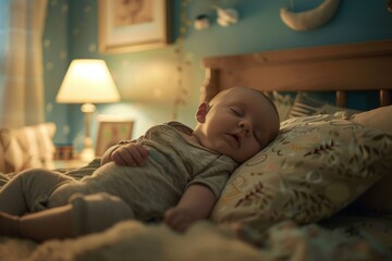 A baby peacefully sleeps on a bed in a bedroom, surrounded by cozy blankets and soft pillows