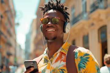 Happy young man holding mobile phone enjoying music listening through wireless headphones on the city