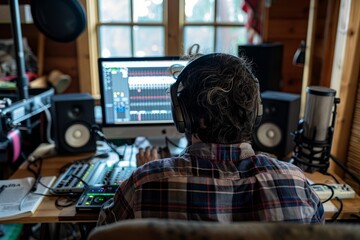 A man is seated in front of a computer on a desk. He is engaged in a podcast recording session, using a high-quality microphone in a home studio setup - obrazy, fototapety, plakaty