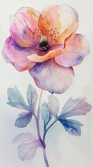 A random flower, handdrawn in watercolors, closeup, showcasing a blend of pastel colors in soft, natural light