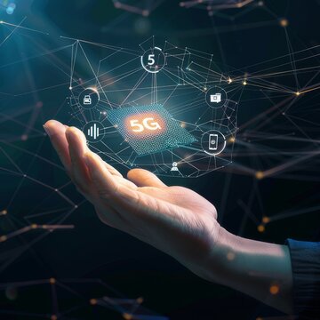 Hand holding futuristic 5G network concept with digital icons