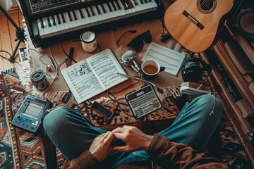 A person sits in front of a musical keyboard, playing and composing music with intense focus