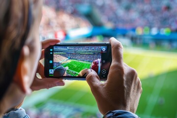 A person is using a mobile device to capture a baseball game, focusing on the action on the field - obrazy, fototapety, plakaty