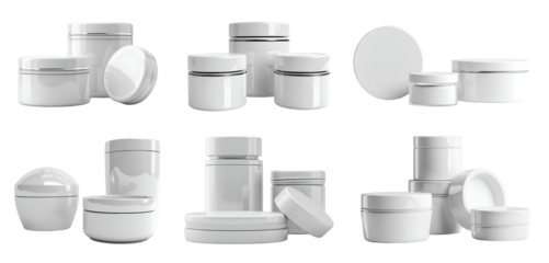 Collection set of group pile white blank cosmetic skincare container tube packaging dispenser bottle on transparent background cutout, PNG file. Many different design Mockup template for artwork