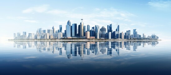 Blue tone panorama of waterfront city skyline with reflection.