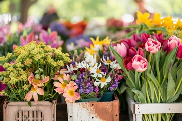Various colorful flowers arranged in containers at a bustling spring farmers market, showcasing the vibrant atmosphere and abundance of fresh produce