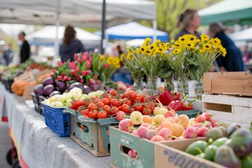 Various colorful fruits and vegetables arranged on a table at a spring farmers market - obrazy, fototapety, plakaty
