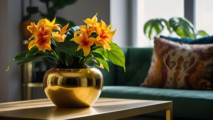  An elegant houseplant in a gold vase adorning a table with its vibrant petals and lush green leaves, adding a natural touch to the indoor decor.